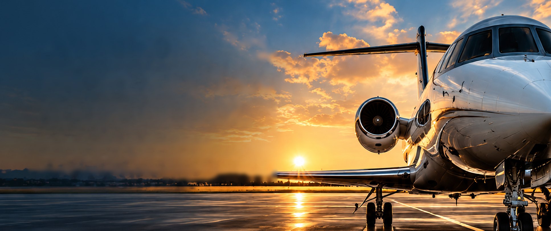 Business jet on the ramp at sunset
